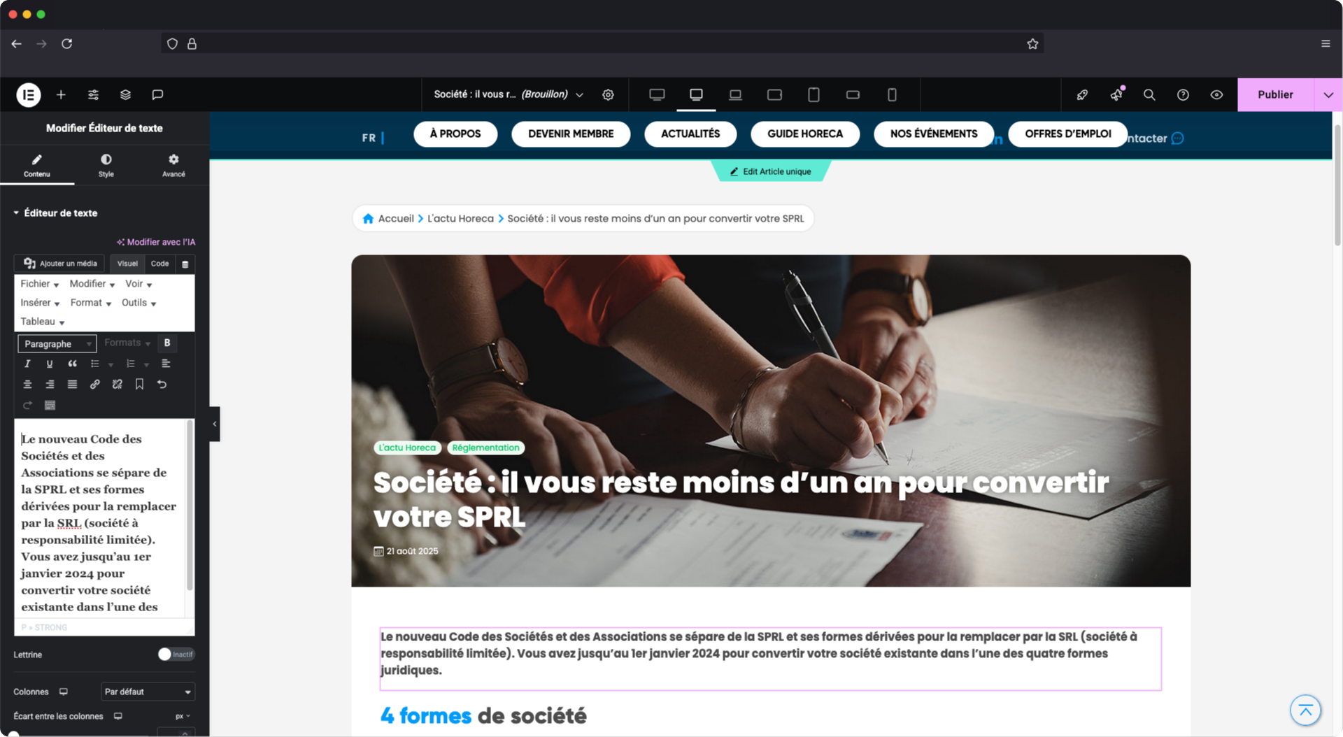 Interface du backend