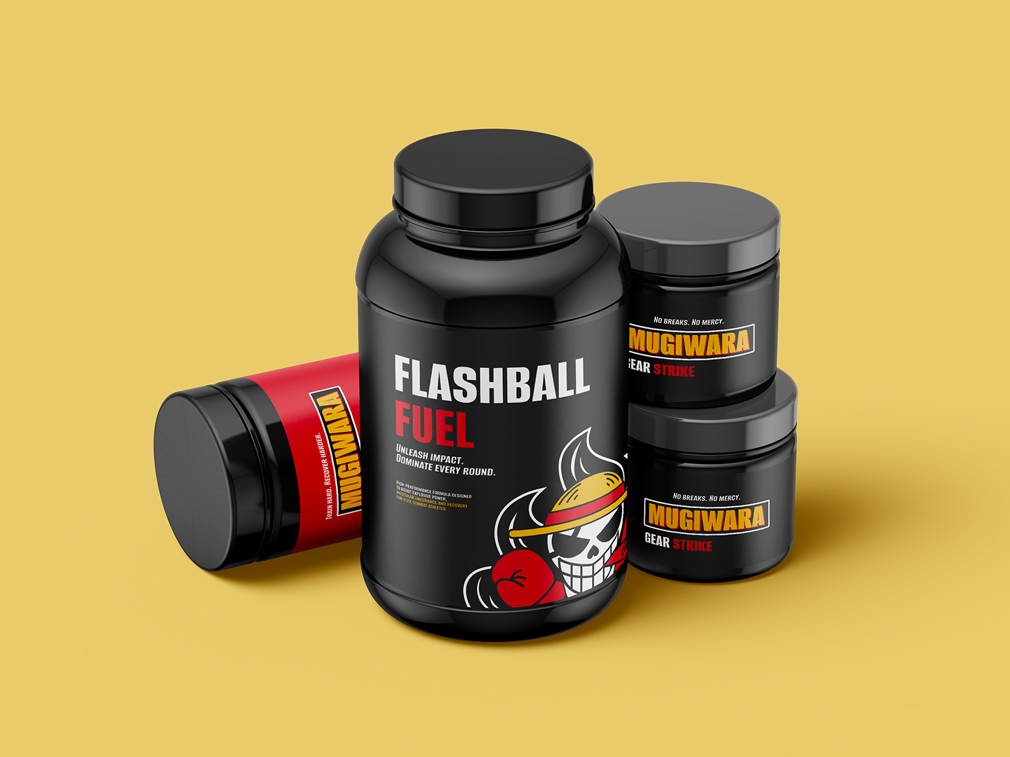 Boîte de protéines avec le logo d’un athlète de MMA pour une marque de nutrition sportive