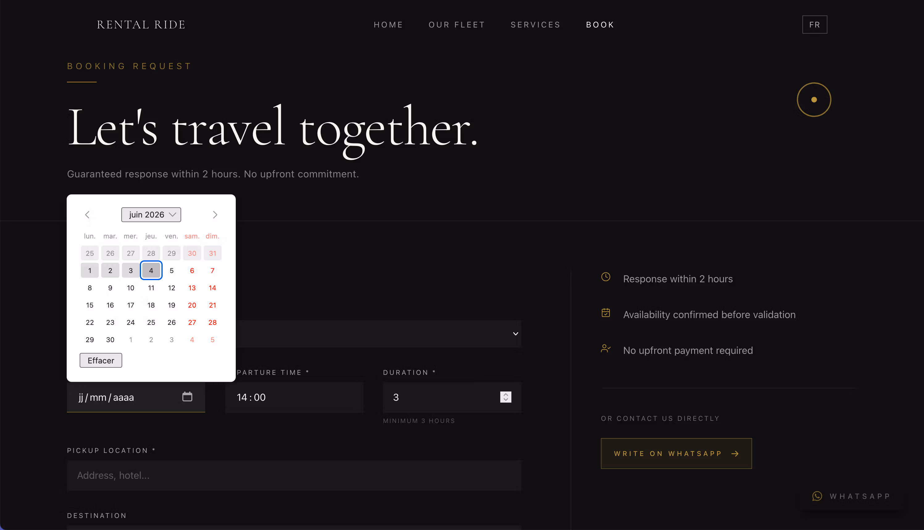 Preview of Rental Ride's booking page